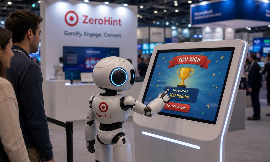 Interactive brand experience at a trade show booth: visitors play a touchscreen reward game hosted by a robot