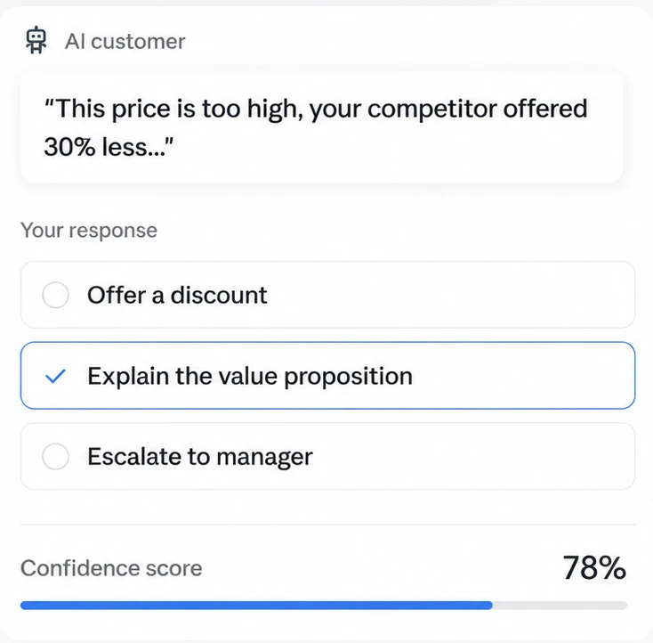 Gamified learning module: AI roleplay simulation for handling a pricing objection, scored on confidence