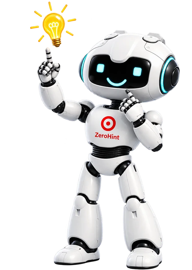 ZeroHint robot mascot beside a light bulb, illustrating loyalty and retention mechanics