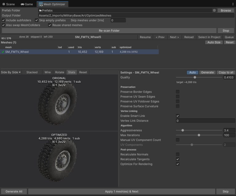 Mesh Optimizer editor window showing the live original/optimized mesh preview and settings panel in Unity