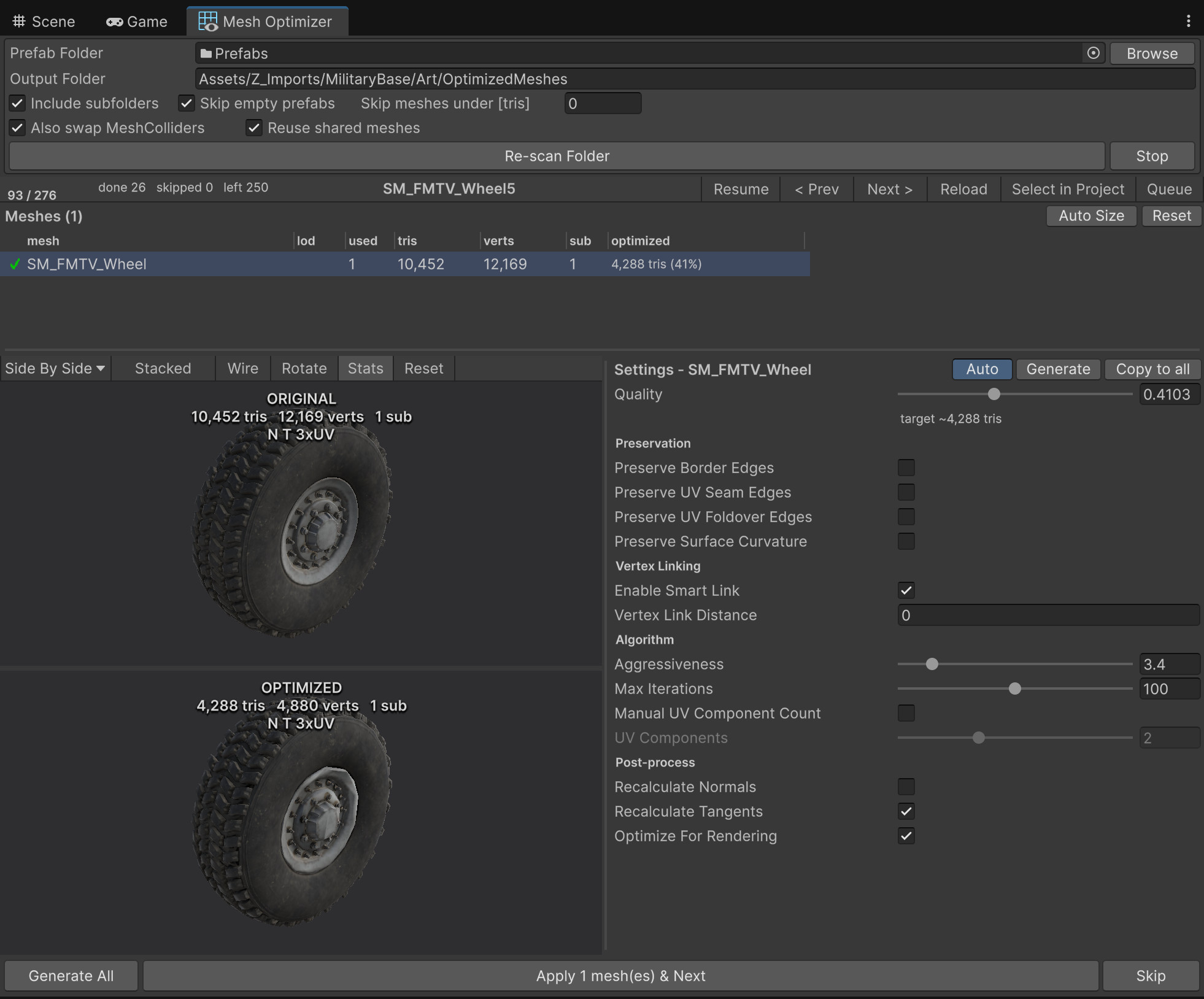 Mesh Optimizer editor window showing the live original/optimized mesh preview and settings panel in Unity