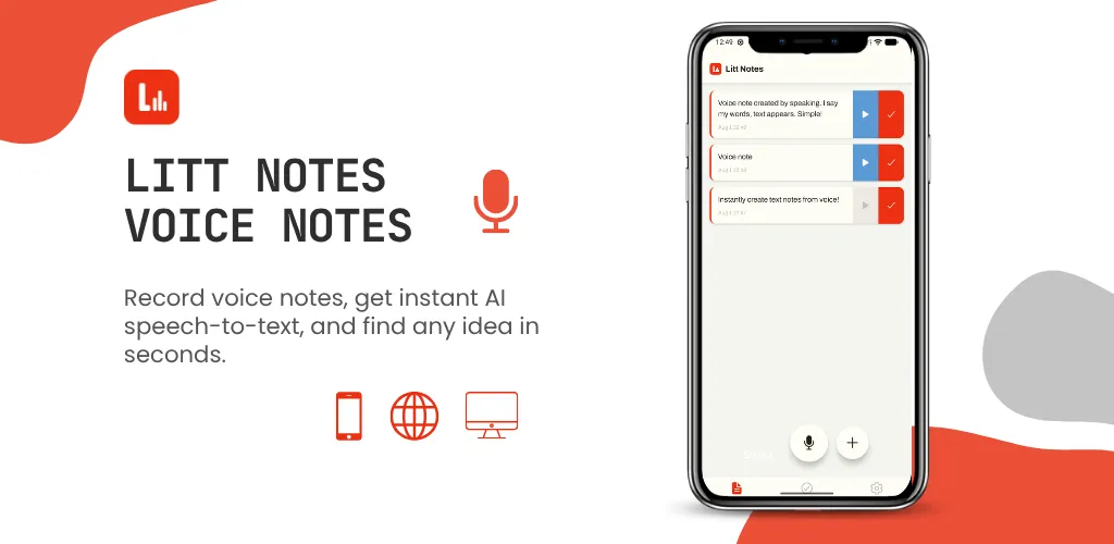 Litt Notes voice notes app banner with a phone showing transcribed voice notes